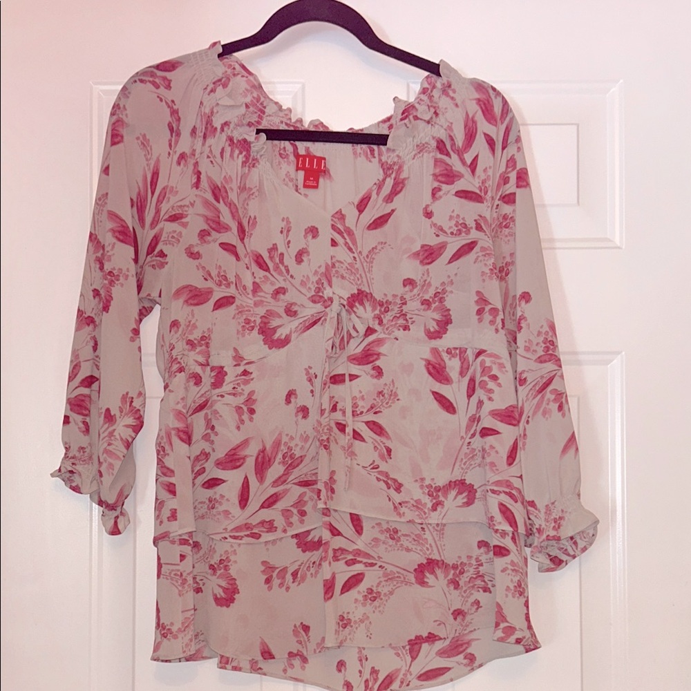ELLE Vintage Women's Floral Pink Top M Ruffle Feminine Sheer Cinched Tiered